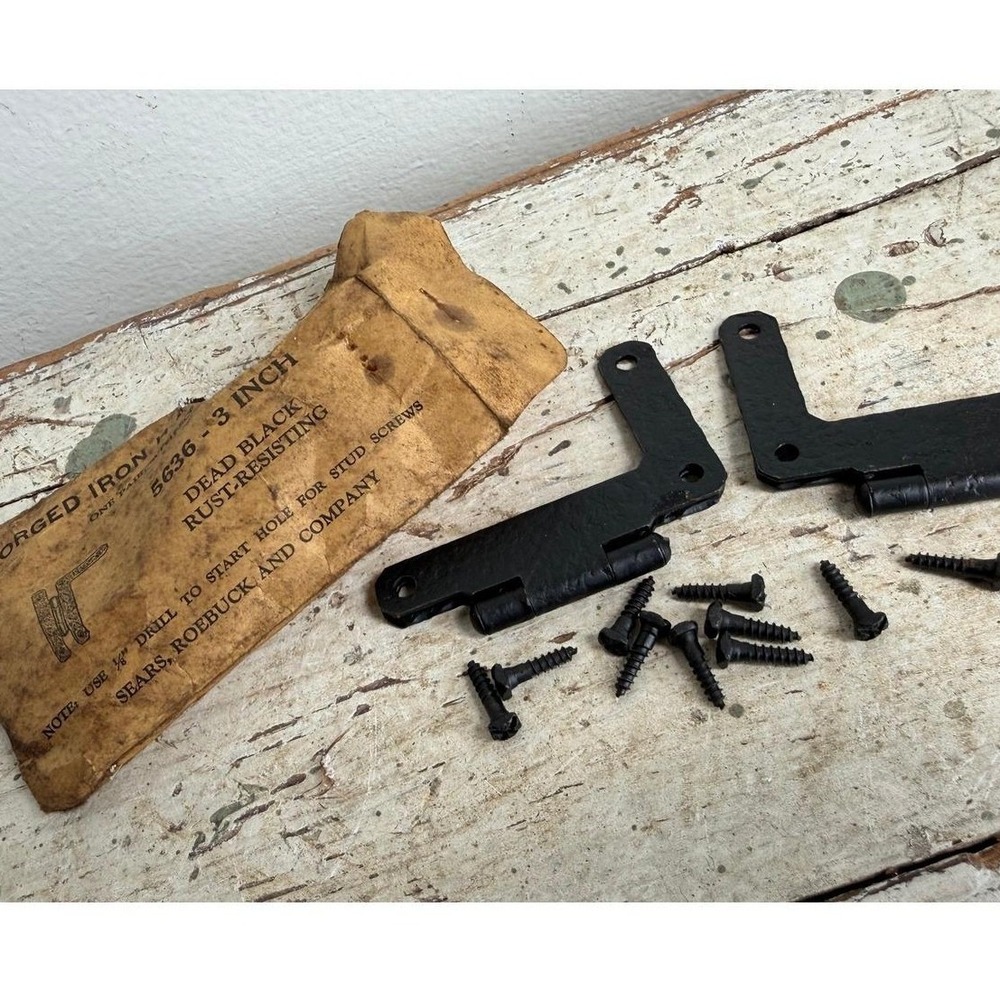 Vintage Sears Roebuck Forged Iron Drawer Pull & 3" HL Hinges Black